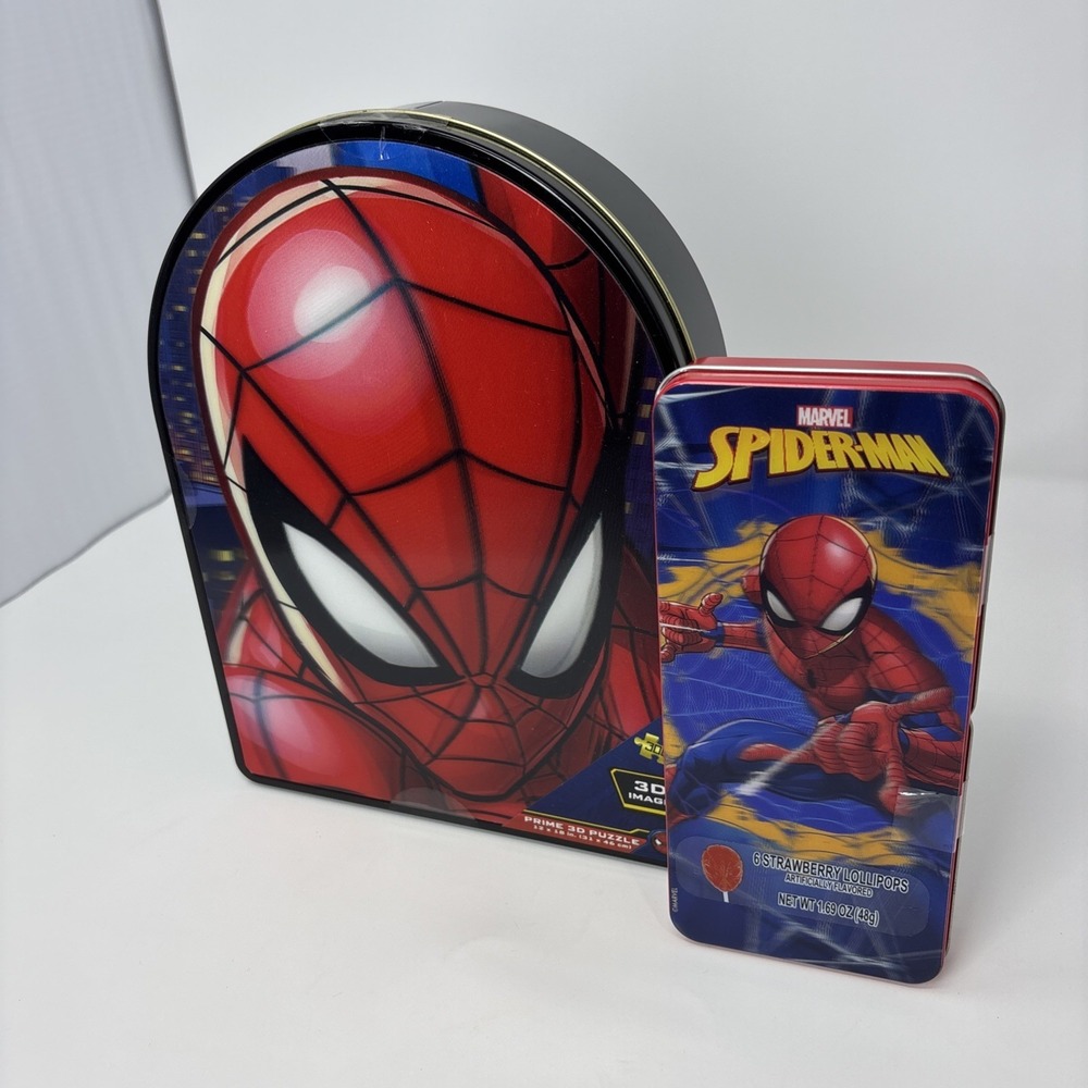 Marvel Spider Man 3D Puzzle Tin Container~300 Piece W/ Bonus Lollipops NEW!